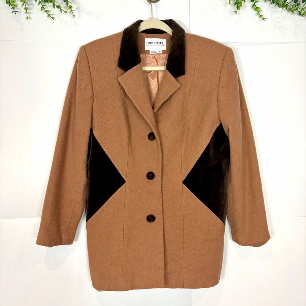 Vintage Urban Wool Blazer Womens 14 Tan Brown Merino l Velvet Trim Button Front - Picture 13 of 13